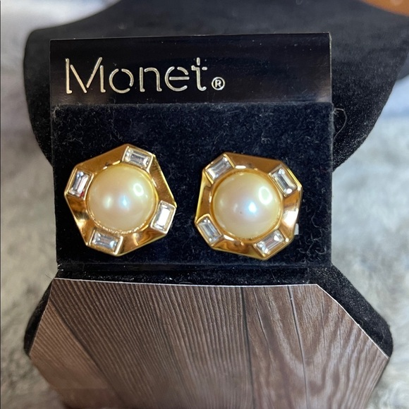 Monet Jewelry - Monet Gold Earrings with Pearl and Crystal Accents